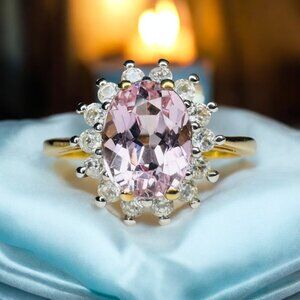 Rose De France Amethyst Ring in 10K Gold -Sz 8.25- Pink Amethyst Halo Ring -2.4g